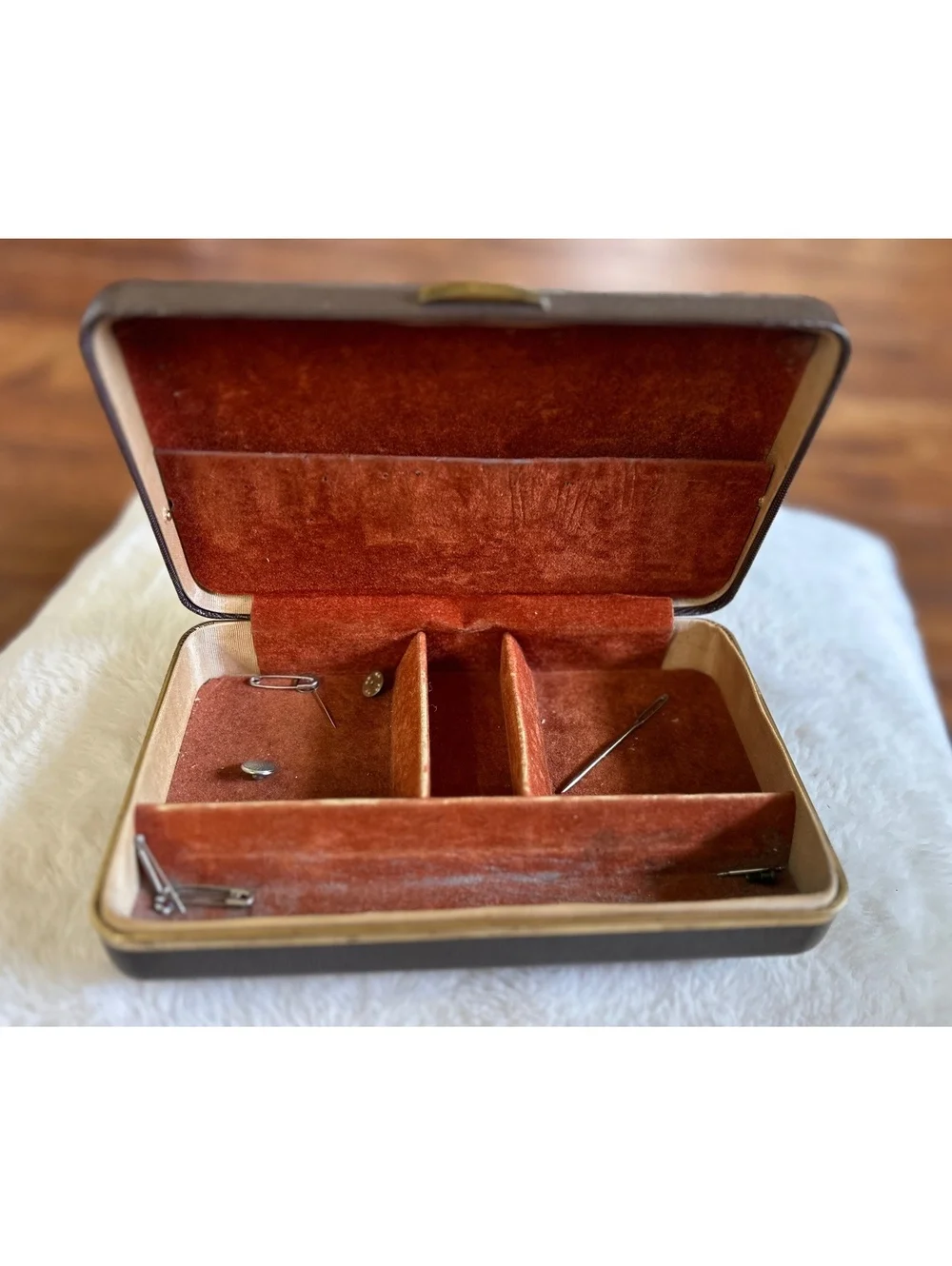 Vintage Suede Jewelry Box with Floral Closure and Velvet Interior